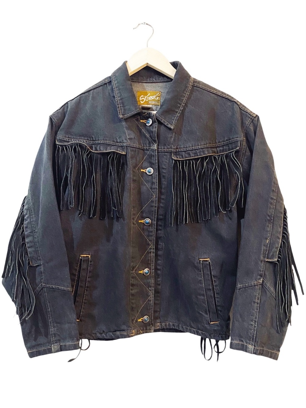 Vintage Street Worn Black Denim Fringe Jacket Western Y2k